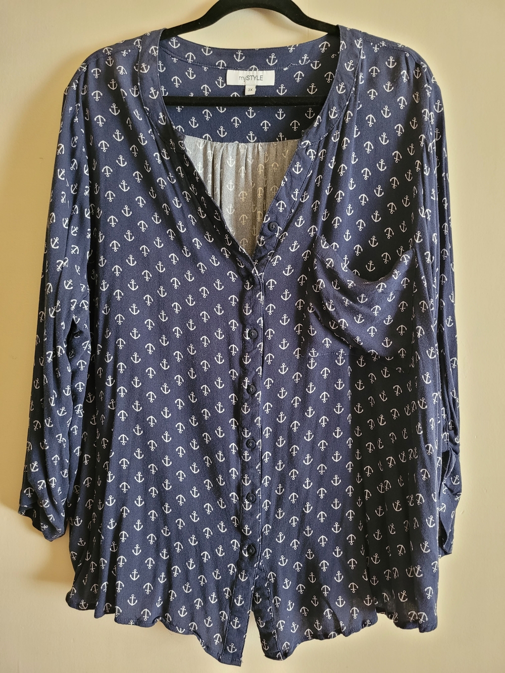 MyStyle Navy Anchor Print Button-Front Shirt
